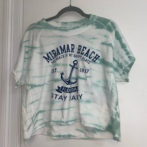 U.S. Apparel Teal and White Anchor Miramar Beach Florida Tie Dye Cropped T-Shirt